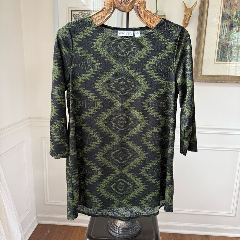 Attitudes by Renee Green Black Southwestern Blanket Print Stretchy 3/4 Sleeve Tu